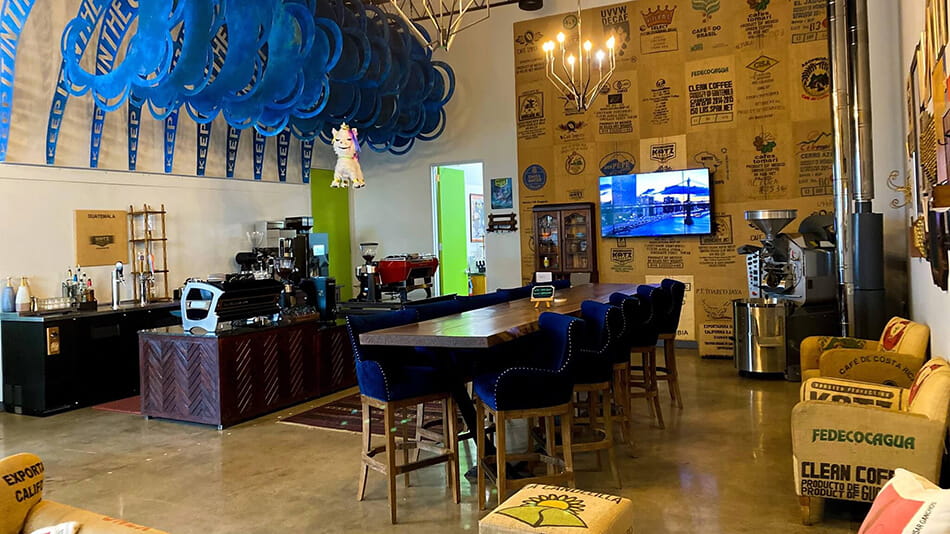 Katz Coffeehouse, which features several coffee bag labels on a mural on the back wall as well as on some of the furniture, pivoted to online sales when the pandemic started to help ensure their employee and clients' safety.