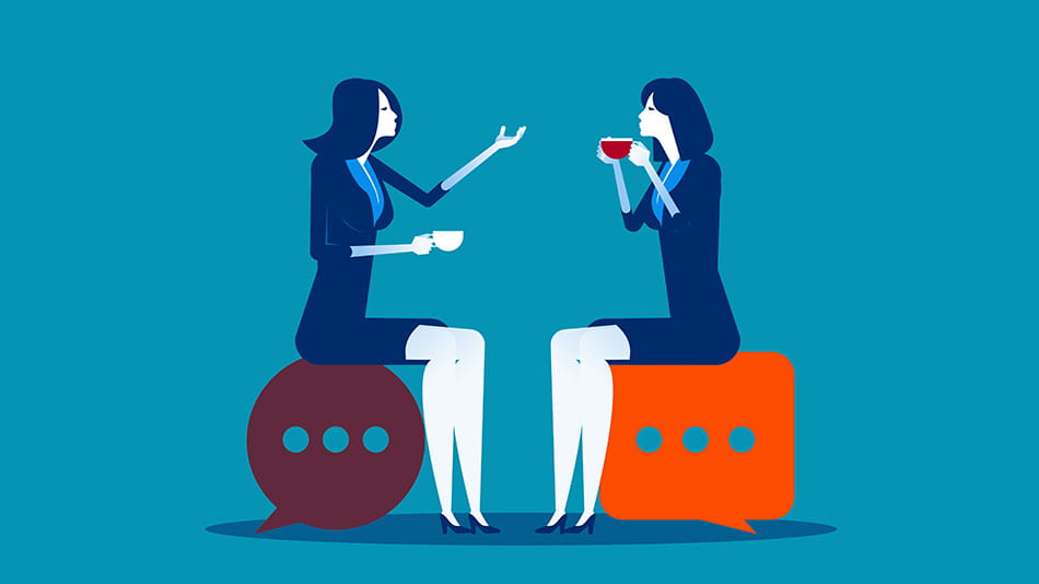 Graphic of two women discussing business